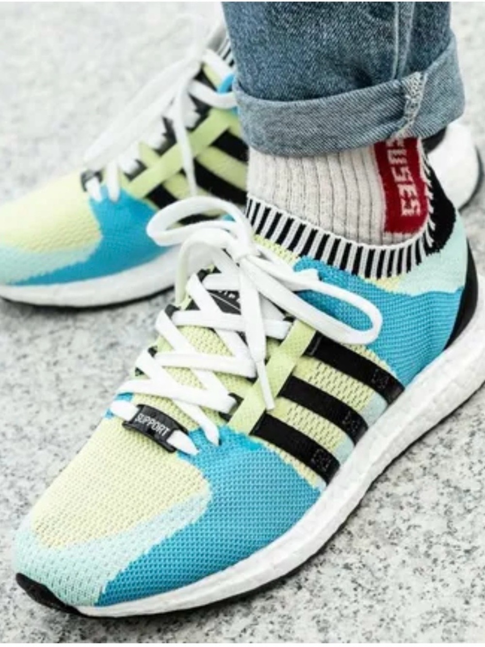 adidas EQT Support Ultra Boost-Knit Colorblock Runner Blue, Lime/Black-Size 12.5